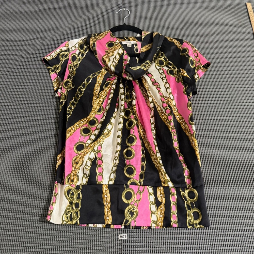 Cache Womens Small Pink Black Gold Chain Print Cowl Neck Smocked Blouse